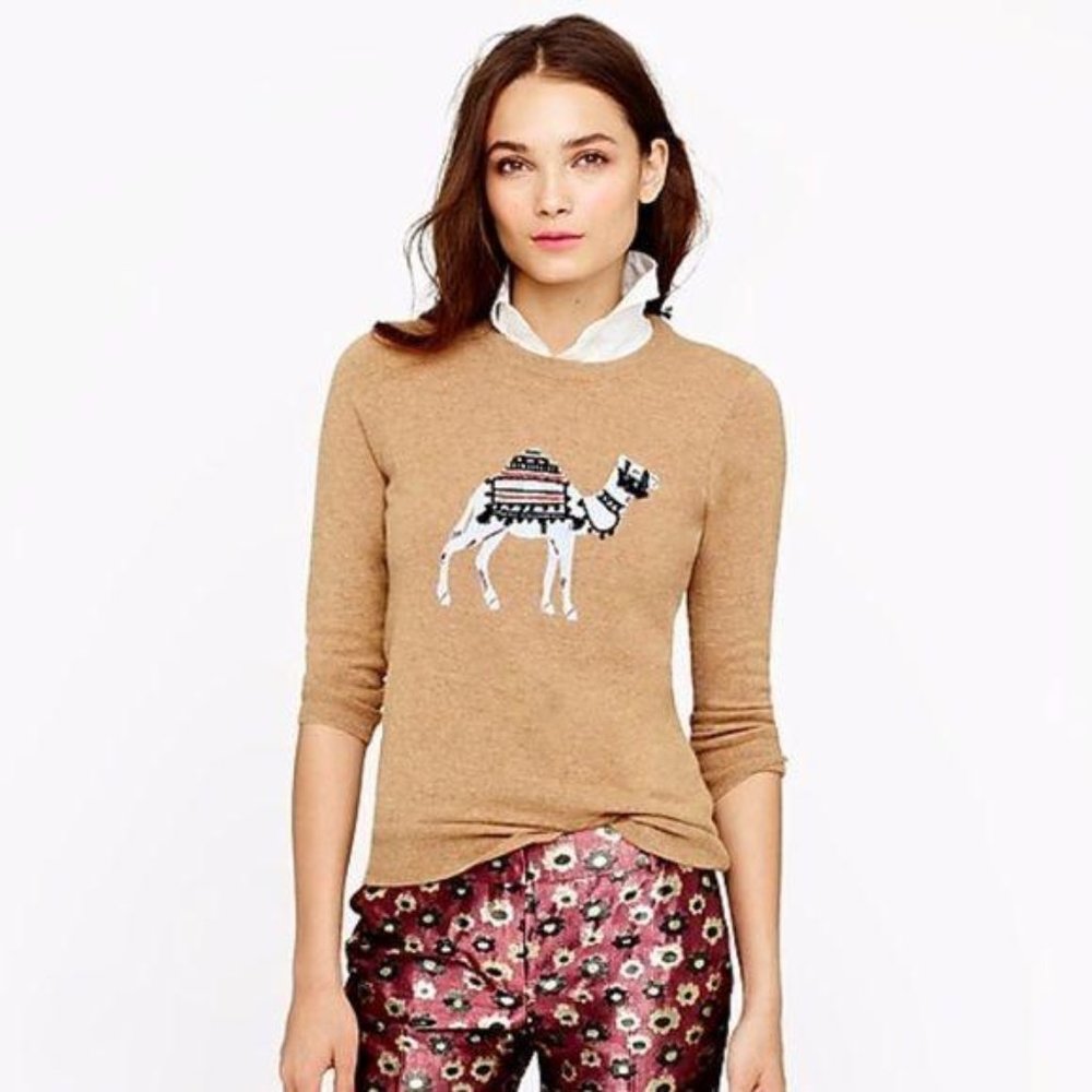 J. CREW embroidered camel wool sweater O4 - Picture 1 of 4